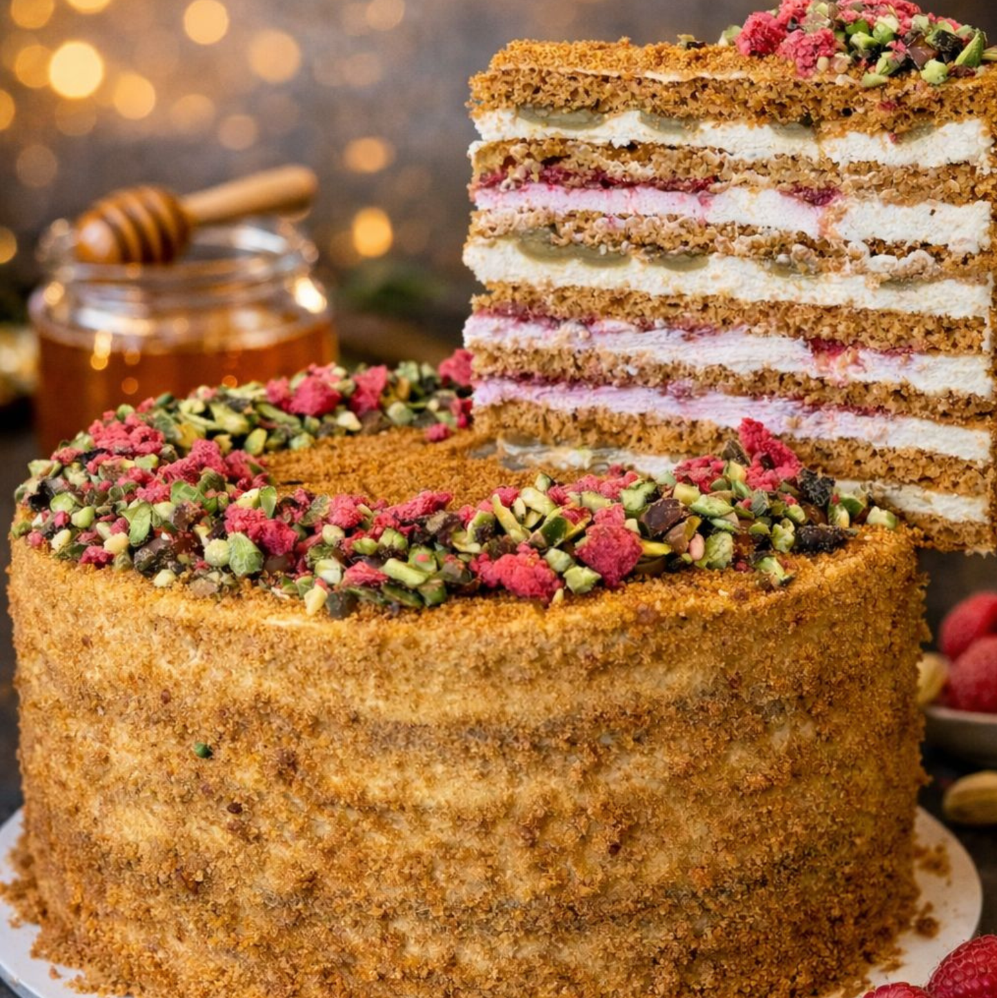 Pistachio-Raspberry Honey Cake (Medovik)