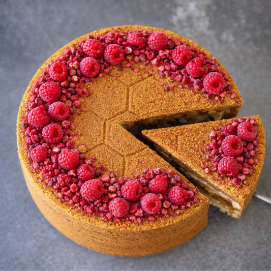 Cake with raspberries on a gray background