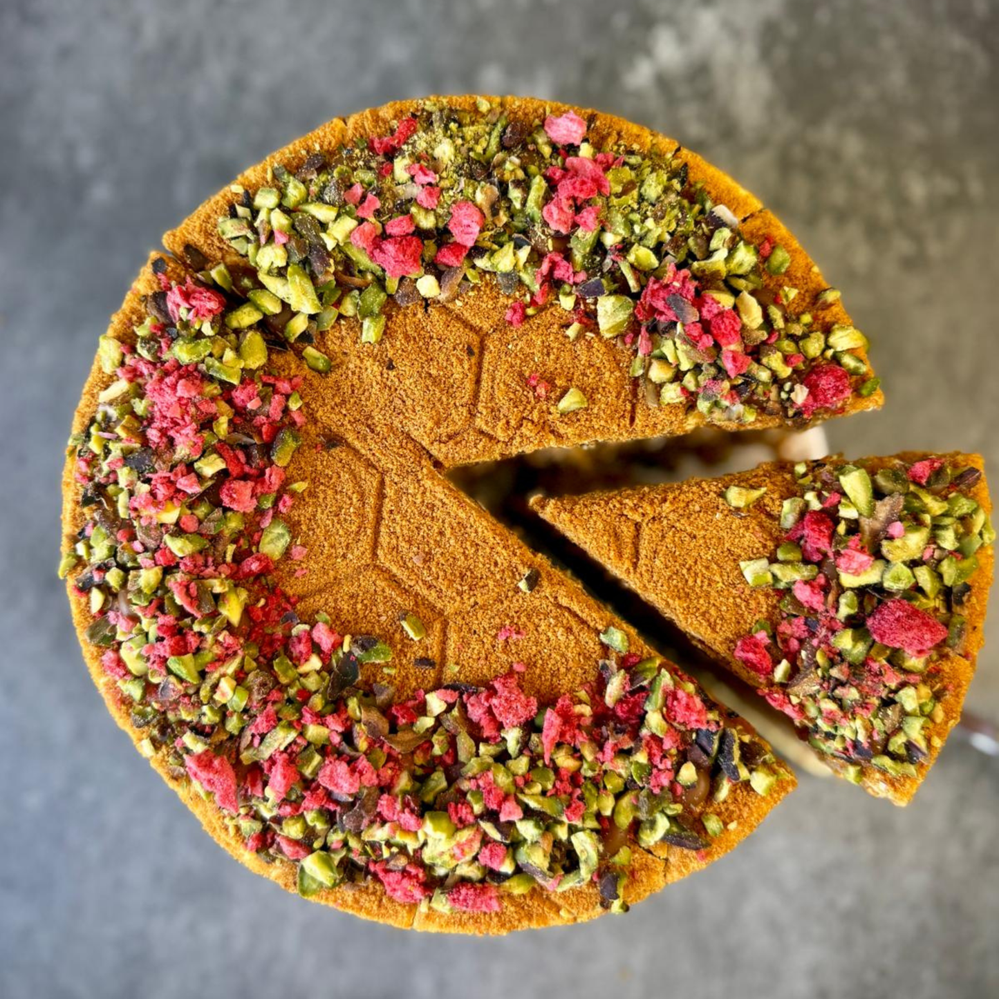 Pistachio-Raspberry Honey Cake (Medovik)