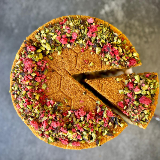 Pistachio-Raspeberry Honey Cake (Medovik)