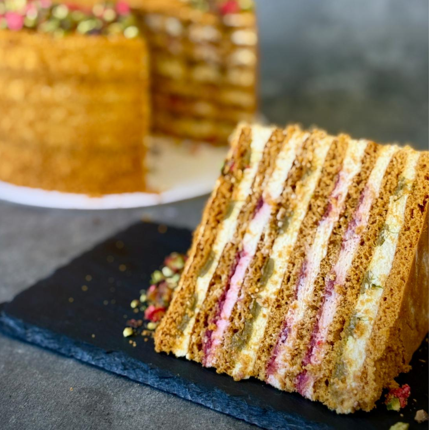 Pistachio-Raspberry Honey Cake (Medovik)