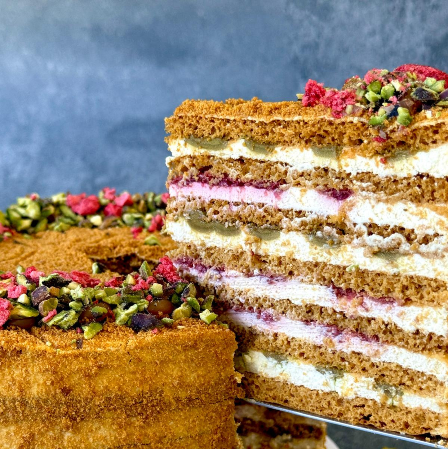 Pistachio-Raspberry Honey Cake (Medovik)
