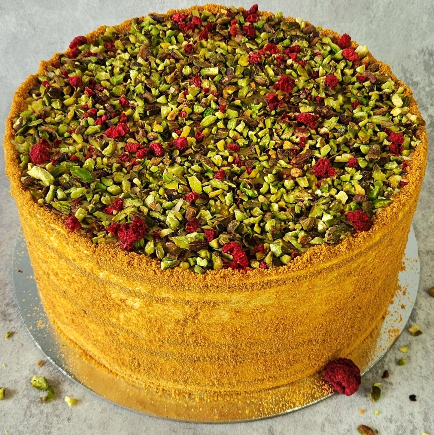 Pistachio-Raspberry Honey Cake (Medovik)