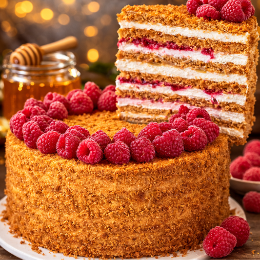 Layered honey cake with raspberries and honey on a wooden table